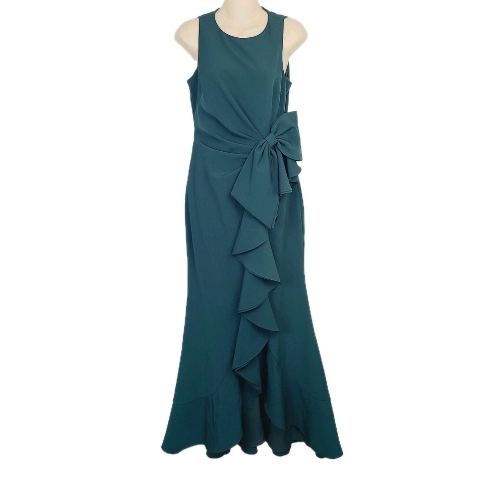 Eliza J Hunter Green Gown Sleeveless Crepe Side Ruffle‎ Bow Formal Dress 4